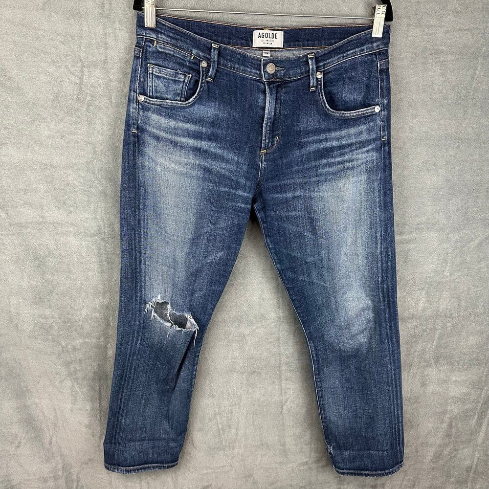 AGOLDE Jeans Womens 28 Blue Slim Boyfriend Ankle Cropped Distressed Stretch
